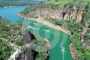 Aerial view of famous Canyons of Capitolio`s lagoon.