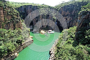 Aerial view of famous Canyons of Capitolio`s lagoon.