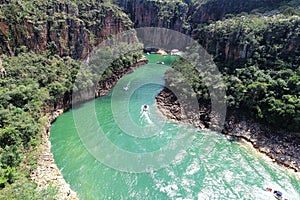 Aerial view of famous Canyons of Capitolio`s lagoon.