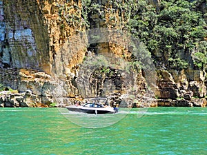 Aerial view of famous Canyons of Capitolio`s lagoon.