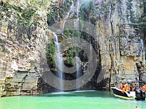 Aerial view of famous Canyons of Capitolio`s lagoon.