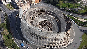 Aerial view of the famous Colosseum on a beautiful sunny day in Rome, Italy