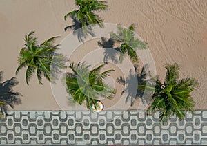 Aerial view of a famous Copacabana sidewalk mosaic with palm trees on the beach