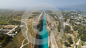 Aerial view of famous Corinth Canal of Isthmus, Peloponnese.