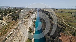 Aerial view of famous Corinth Canal of Isthmus, Peloponnese.