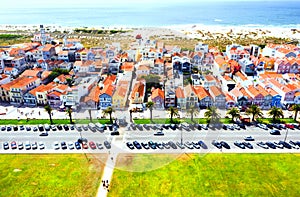 Aerial view of the famous Costa Nova colorful houses in Aveiro, Portugal photo