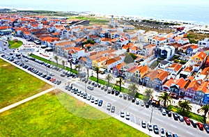 Aerial view of the famous Costa Nova colorful houses in Aveiro, Portugal photo