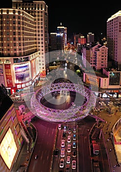 Aerial view of famous cross road on Ren Min Zhong Lu, in Kunming, Yunnan - China