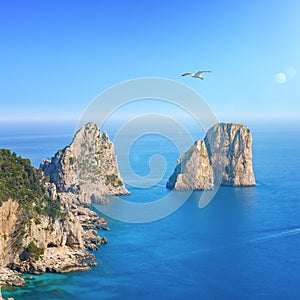 Aerial view of famous Faraglioni rocks from Capri island, Italy