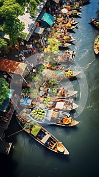 Aerial view famous floating market in Thailand, Damnoen Saduak floating market,