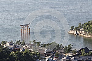Aerial view on famous Floating Torii gate, Itsukushima Shrine, Miyajima island, Hiroshima, Japan