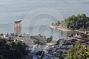 Aerial view on famous Floating Torii gate, Itsukushima Shrine, Miyajima island, Hiroshima, Japan