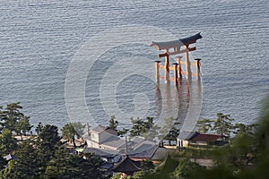 Aerial view on famous Floating Torii gate, Itsukushima Shrine, Miyajima island, Hiroshima, Japan