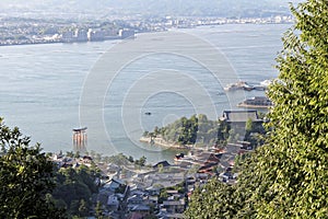 Aerial view on famous Floating Torii gate, Itsukushima Shrine, Miyajima island, Hiroshima, Japan