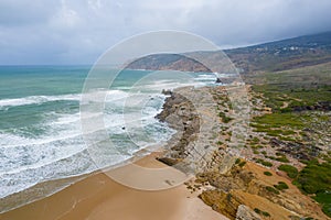 Aerial view of famous Guincho Beach in Cascais near Lisbon, Portugal. Photo made from above by drone