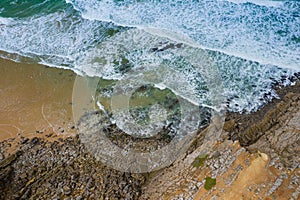 Aerial view of famous Guincho Beach in Cascais near Lisbon, Portugal. Photo made from above by drone