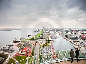 Aerial view of famous Havenwelten and hanseatic city Bremerhaven, Bremen, Germany