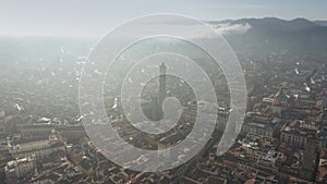 Aerial view of famous historic Due Torri or Two Towers, major city landmark of Bologna, Italy