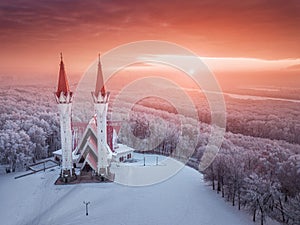 Aerial view of the famous landmark of Ufa and Bashkiria - Lala Tulip mosque during sunset in winter season. Islamic religion