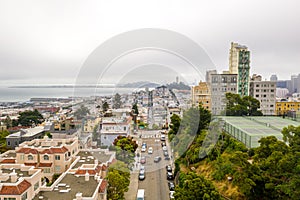 Aerial view of the famous Lombard Street, San Francisco, California, USA on a gloomy day