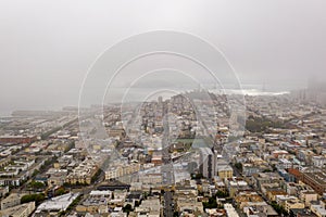 Aerial view of the famous Lombard Street, San Francisco, California, USA on a gloomy day