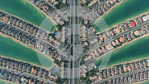 Aerial view of the famous Palm Jumeirah artificial archipelago in Dubai, UAE