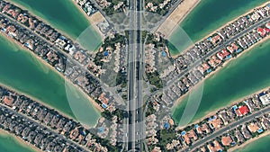 Aerial view of the famous Palm Jumeirah artificial archipelago in Dubai, UAE