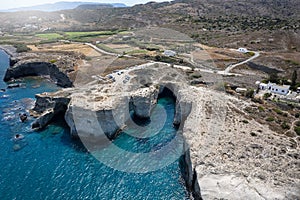 Aerial view of the famous Papafragas caves, Milos island