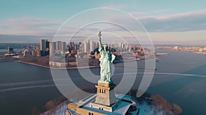 Aerial view of famous place Beautiful landmark the Statue of Liberty in new york USA . Generative Ai