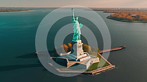 Aerial view of famous place Beautiful landmark the Statue of Liberty in new york USA . Generative Ai