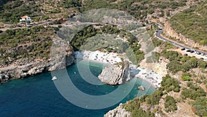 Aerial view of the famous rocky beach Foneas near Kardamyli in Messenia, Peloponnese, Greece