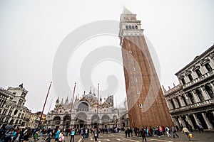 Venice, Italy - October, 2017: Aerial view of famous San Marco square with many people Venice, Italy. Top view of Venice piazza fr