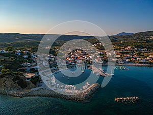 Aerial view of the famous seaside village Foinikounta situated in the southwestern tip of the Peloponnese peninsula about an hour