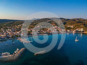 Aerial view of the famous seaside village Foinikounta situated in the southwestern tip of the Peloponnese peninsula about an hour