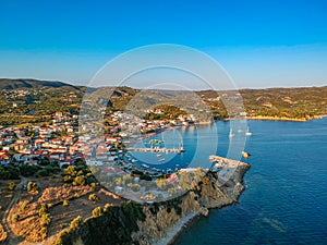 Aerial view of the famous seaside village Foinikounta situated in the southwestern tip of the Peloponnese peninsula about an hour