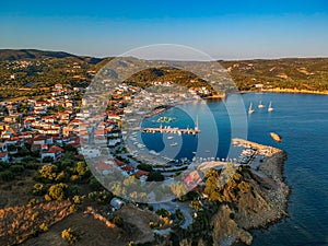 Aerial view of the famous seaside village Foinikounta situated in the southwestern tip of the Peloponnese peninsula about an hour