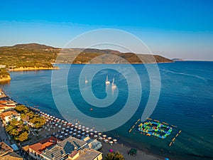 Aerial view of the famous seaside village Foinikounta situated in the southwestern tip of the Peloponnese peninsula about an hour