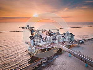 Aerial view of famous Sellin Pier at sunrise, Baltic Sea, Germany