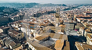 Aerial view of famous tower and Palazzo Vecchio square and Florence cityscape, Italy