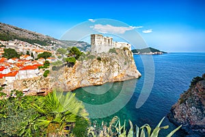 Aerial view at famous travel destination city of Dubrovnik - Fort Lovrijenac on a sunny day