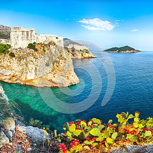 Aerial view at famous travel destination city of Dubrovnik - Fort Lovrijenac on a sunny day