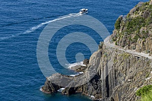 Aerial view of the famous `Via dell`amore` connecting Riomaggiore with Manarola, Cinque Terre, Liguria, Italy