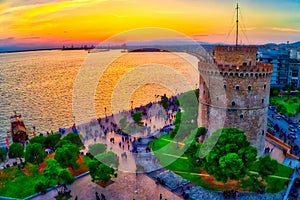 Aerial view of famous White Tower of Thessaloniki at sunset, Greece. photo