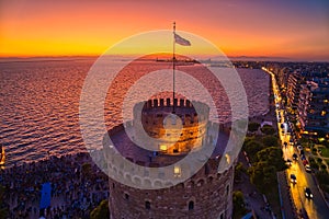 Aerial view of famous White Tower of Thessaloniki at sunset, Greece