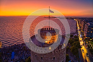 Aerial view of famous White Tower of Thessaloniki at sunset, Greece photo
