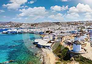 Aerial view of the famous windmills above the town of Mykonos island, Cyclades, Greece