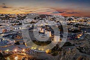 Aerial view of the famous windmills over Mykonos town, Aegaen Sea, Greece