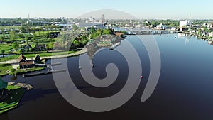 Aerial view of famous windmills in Zaanse Schans, Amsterdam Netherlands.