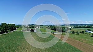 Aerial View of the Farm Countryside With Planted Fields and a Single Rail Road Track