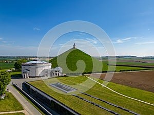 Aerial View at the Waterloo Hill with the statue of the lion of Memorial Battle of Waterloo, Belgium. Aerial landscape